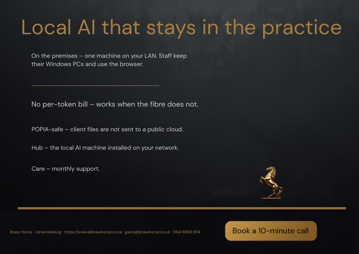 Brass Horse local AI — files stay in the practice. Book a 10-minute call.